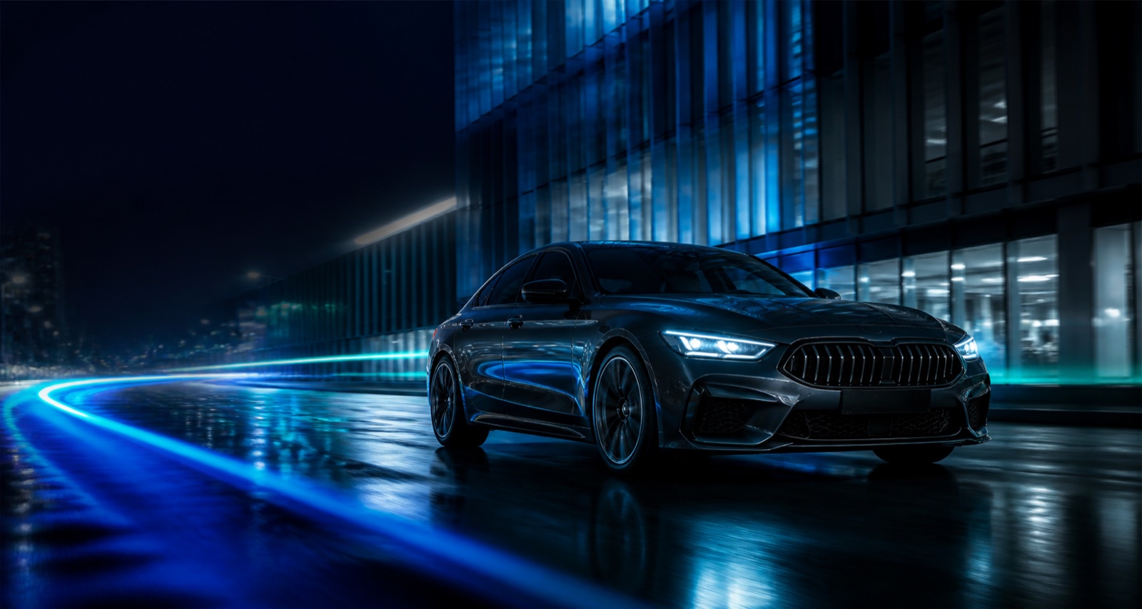 Automóvel premium em uma avenida moderna à noite